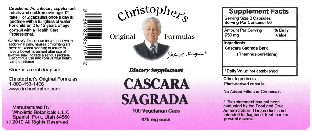 Cascara Sagrada Bark - 100 Capsules - Christopher's Herb Shop
